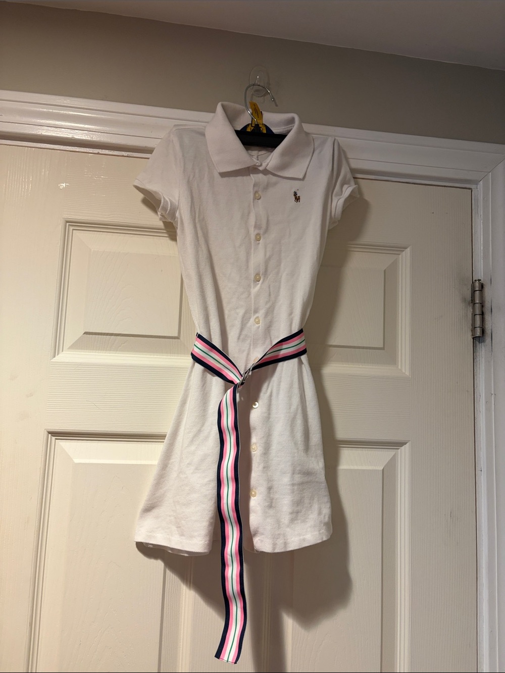 Girl's Ralph Lauren Polo Shirt Dress with Striped Tie Belt in White 6X